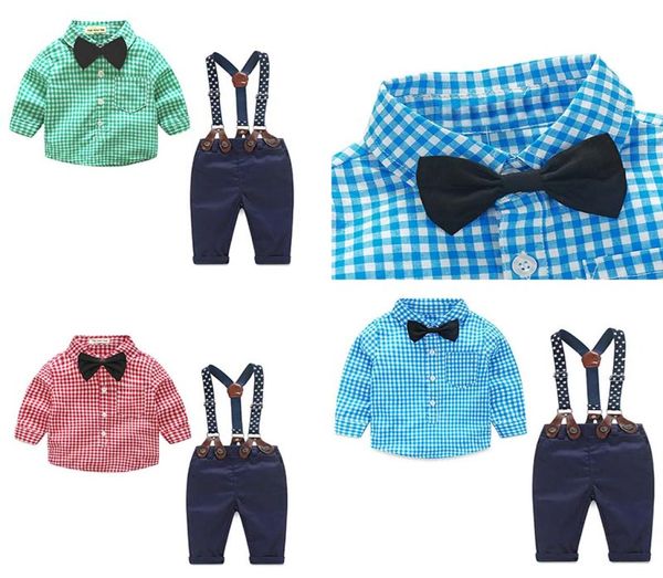 

kid designer clothes autumn spring newborn baby sets infant clothing gentleman suit plaid shirt bow tie suspend trousers 2pcs suit1646683, White