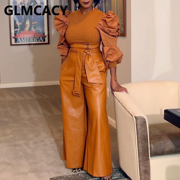 

women's two piece pant high waist pu leather classy wide leg trousers 230705, White