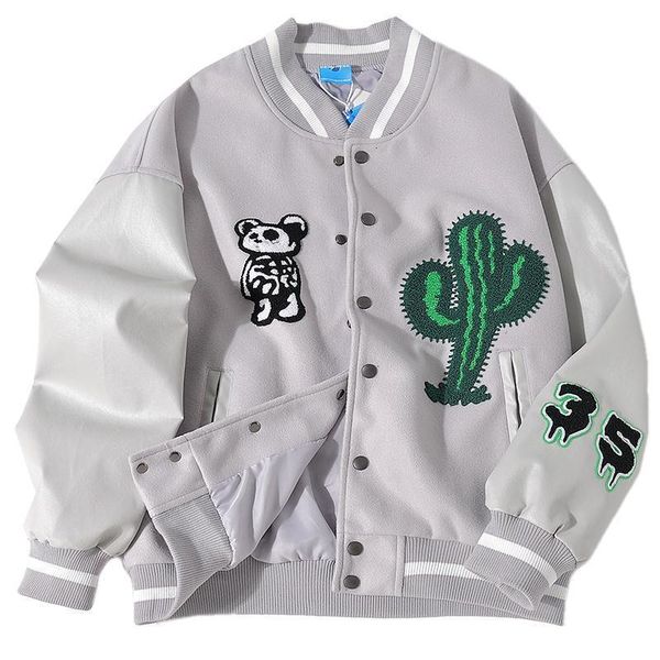 

mens jackets autumn and winter american style retro bear print pu leather splicing baseball uniform couple loose casual jacket y2k 230705, Black;brown