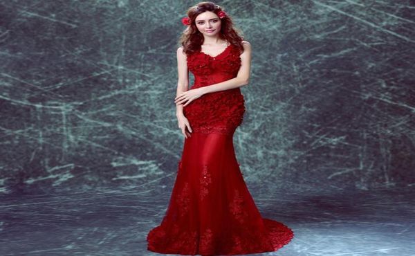 

elegant custom flower tulle long red mermaid bridesmaid dresses plus size vneck lace up floor length vestidos de dama de honor fo1278286, Red;white