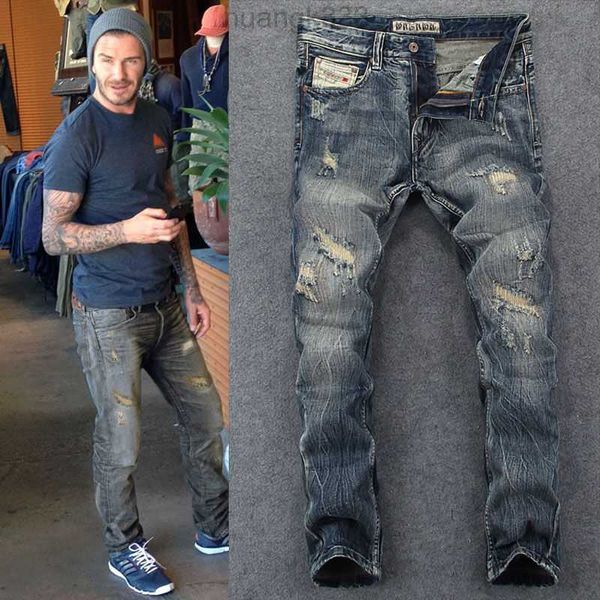 

american european retro jeans men's stitching beggar's old patch loose straight long pants personality fashion brand locomotive, Blue