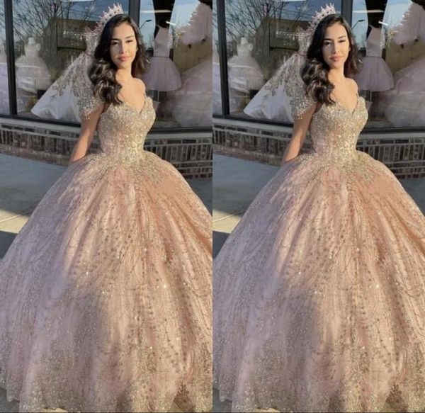 

2023 glitter champagne tulle quinceanera dresses cap short sleeve beading beaded crystal floral applique aline sweet 16 dress pin5572163, Blue;red