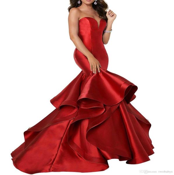 

new designer mermaid satin prom dresses laceup spaghetti ruffles sweep train evening gowns pageant dress formal3405278, Red