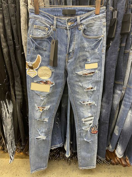 

2023 fashion designer mens jeans casual graffiti long pant jeans rock revival trousers straight slim elastic denim fit moto biker pants tren, Blue