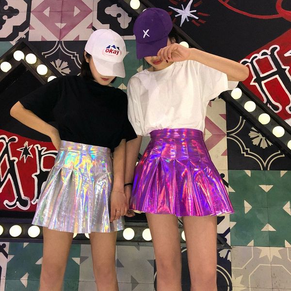 

skirts holographic pleated women pu solid harajuku casual laser hight waist micro mini short jk rainbow, Black