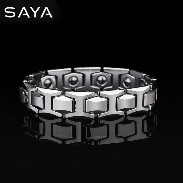 

chain 105mm width high polished tungsten carbide bracelet with magnet stones germanium for men jewelry engraving 230704, Black