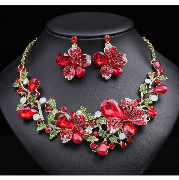 

selling extravagant necklace earrings two piece set of colorful flower bride dress 230628, Silver