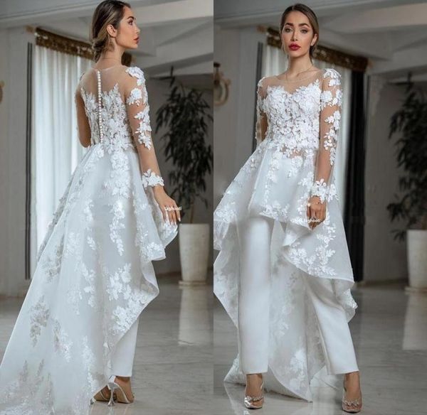 

illusion long sleeve wedding dress jumpsuit with train sheer oneck lace floral country bohemian beach lesbian bridal dress p6232711, White