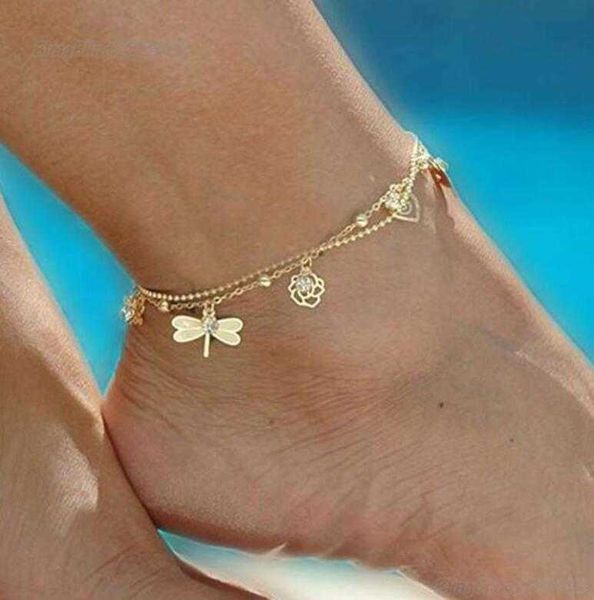 

gold bohemian anklet beach foot jewelry leg chain butterfly dragonfly leaves anklets for women barefoot sandals ankle bracelet feet, Red;blue
