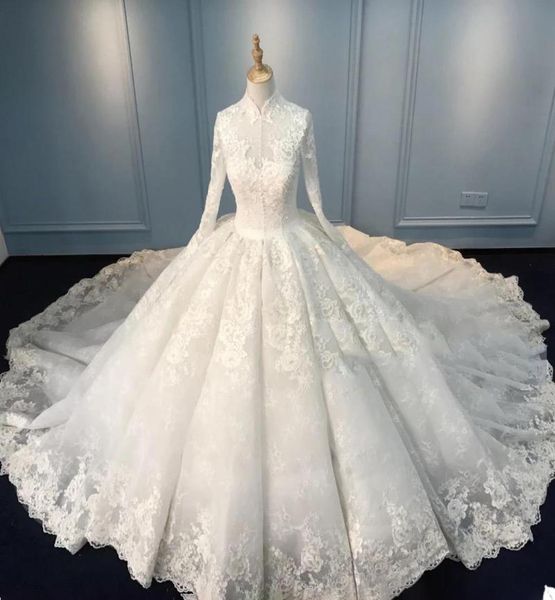 

vintage wedding dresses with highneck longsleeve appliqued race vintage ball gown wedding dress custom made vestidos de novia8527169, White