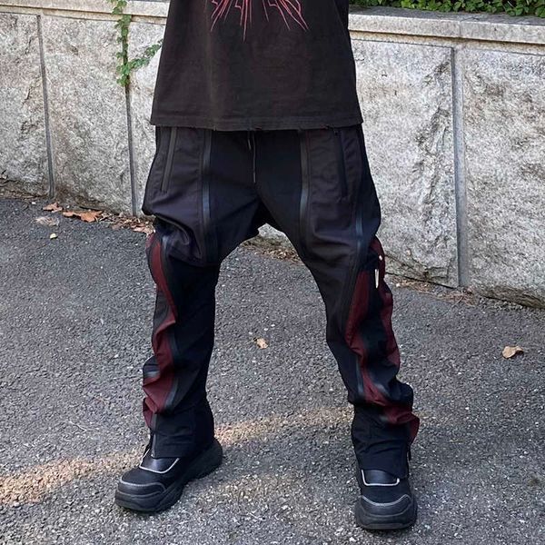 

men's pants contrast color waterproof vibe style casual cargo pants for men retro streetwear patchwork straight drawstring trousers t23, Black