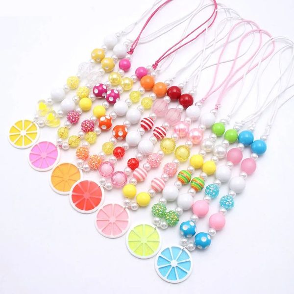 

fashion design girls kids beads necklace with lemon pendants adjustable rope necklace children toddler chunky jewelry, Red;brown