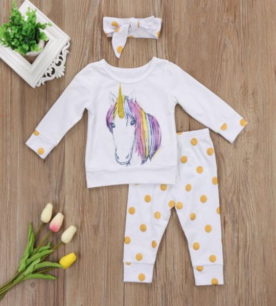 

new ins children clothing sets autumn baby girl unicorn print tshirt with polka dot long pants headbands 3pcs sets9295673, White