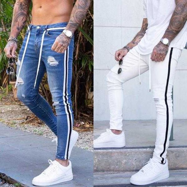 

2023ssmen's men skinny biker destroyed slim fit ripped holes denim trousers side striped pencil pants hip hop blue white black fashion