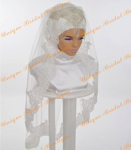 

2021 new arrival muslim bridal hijab custom made lace applique edge elbow length beading crystals wedding veils one layer3972005, Black