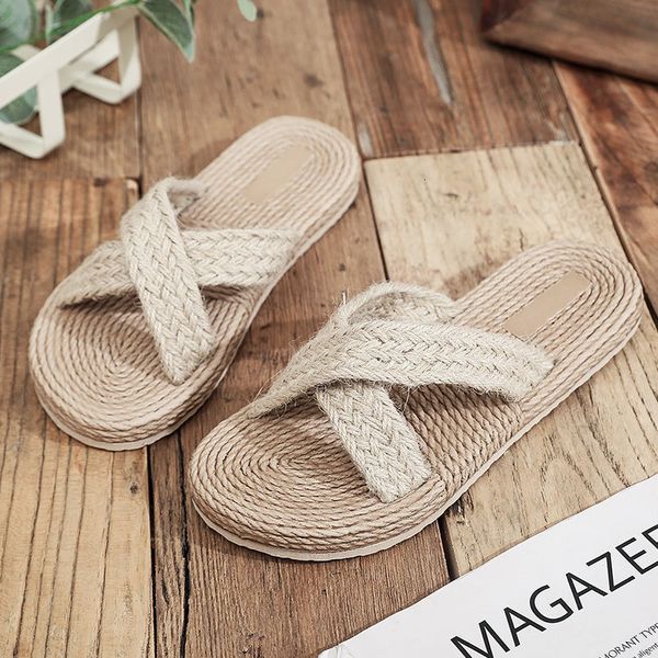 

slippers minimalist cross band women slide sandals beach hemp rope slides espadrille flip flops two straw straps shoes 230704, Black