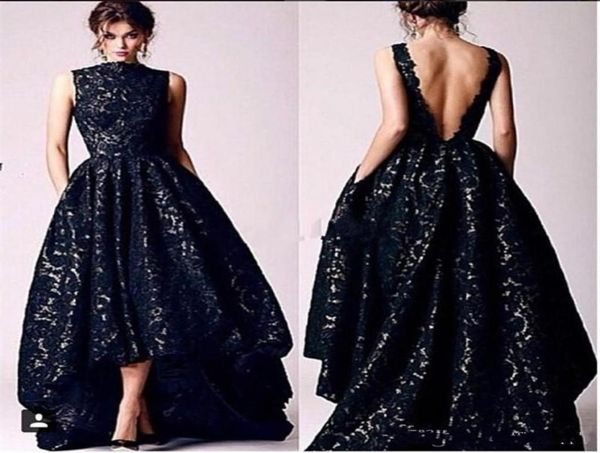 

modest high low prom dresses lace high neckline open back hi lo party dress custom made asymmetrical prom dresses evening wear1985134, Black