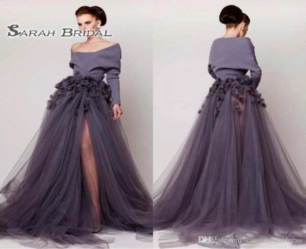 

2020 off shoulder saudi arabic long sleeves the middle east prom dress a line appliques formal party wear evening gowns high split6335134, Black