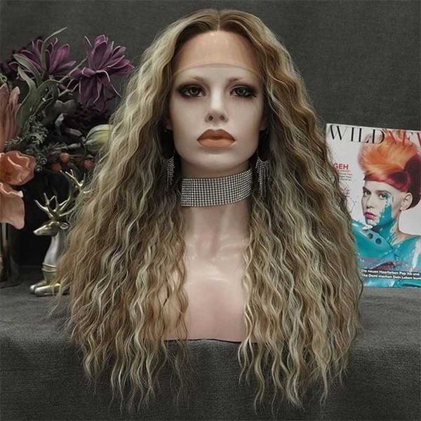

highlight blonde wig synthetic lace wigs for women long curly wig heat resistant fiber cosplay wigs natural hairline 230524, Black;brown