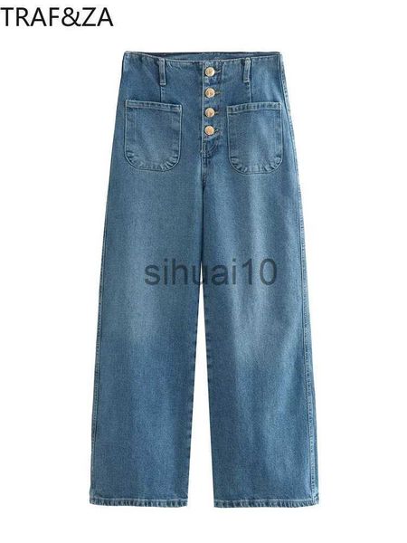 

women's pants capris traf za 2022 women autumn fashion street style high waist wide leg jeans young chic fly side pockets casual denim, Black;white