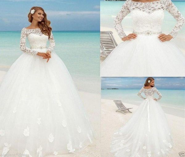 

beautiful beach long sleeve ball gown wedding dresses boat neck lace floral fitted beaded sash summer bridal arabic bohemian7681132, White