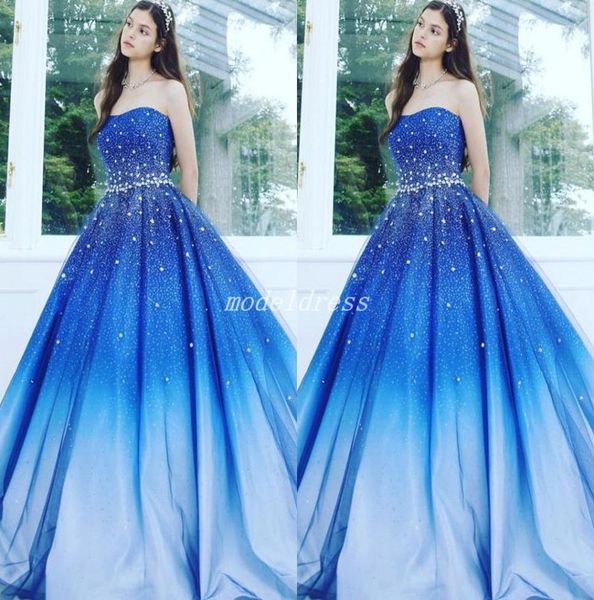 

gradient royal blue quinceanera dresses 2019 strapless sweep train crystal beads prom party gowns for sweet 15 vestido de 15 anos 4614508, Blue;red