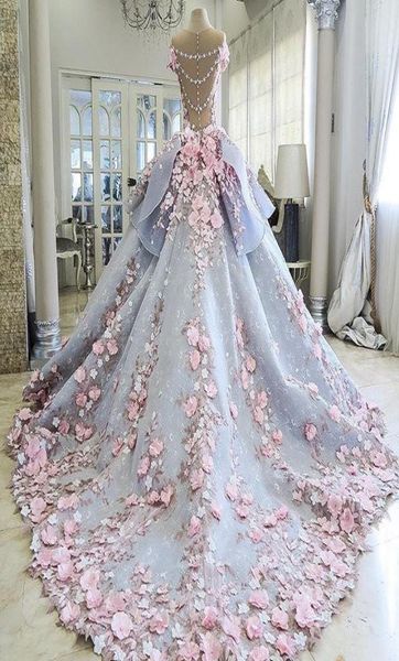 

charming colorful wedding dresses ball gown 3dfloral appliques flower vintage bling backless long court train princess bridal gow3349010, White