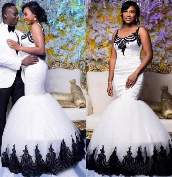 

2020 new black lace appliqued mermaid wedding dress african black and white satin tulle bridal gowns vestidos de novia fabulous si1265604