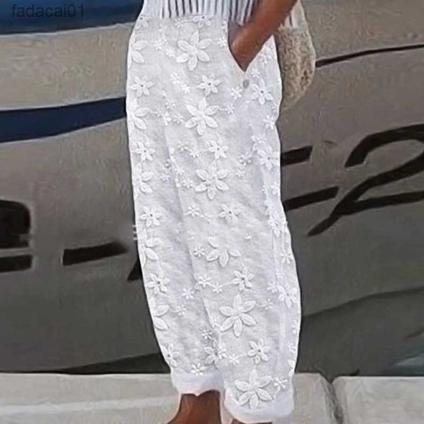 

women fashion embroidered lace straight trousers casual drawstring elastic waist pockets pants ladies vintage loose long pants l230621, Black;white