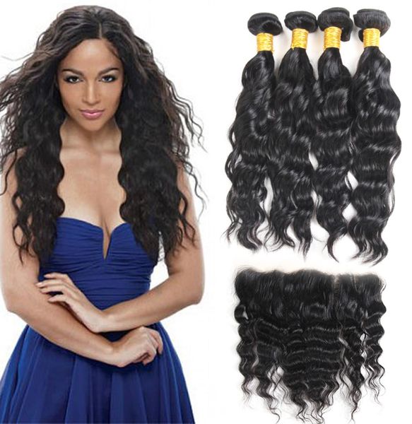 

raw virgin indian hair water wave 4 bundles with frontal human hair weft extensions ear to ear lace frontal closure brazilian virg3801809, Black;brown