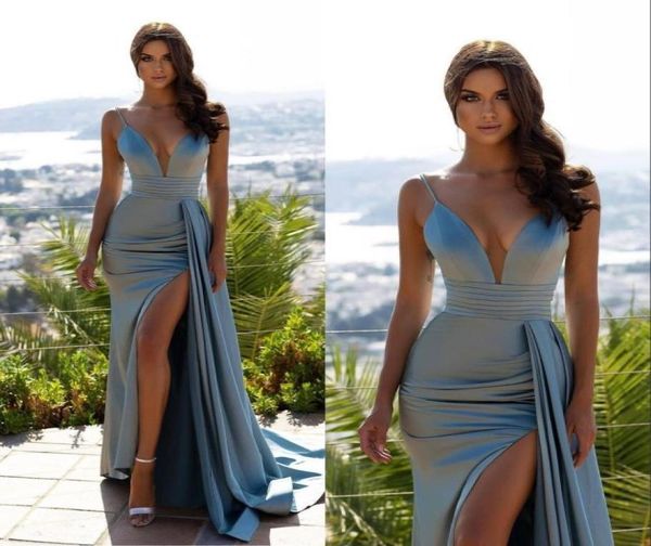 

sky blue deep vneck mermaid prom dresses spaghetti straps with side split sweep train evening party dress3774350, Black