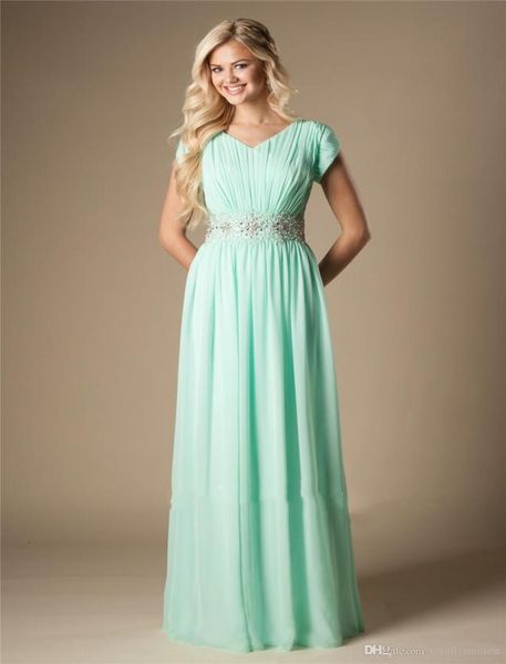 

mint beaded chiffon modest bridesmaid dresses with cap sleeves long aline wedding guests dresses formal evening maids of honor dr3274914, White;pink