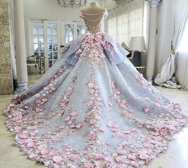 

charming colorful wedding dresses ball gown 3dfloral appliques flower vintage bling backless long court train princess bridal gow6319385, White