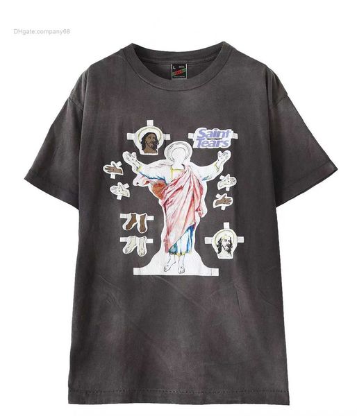 

men's t-shirts saint michel dennim tears spring and summer co branded virgin print cotton round neck short sleeve t-shirt, White;black