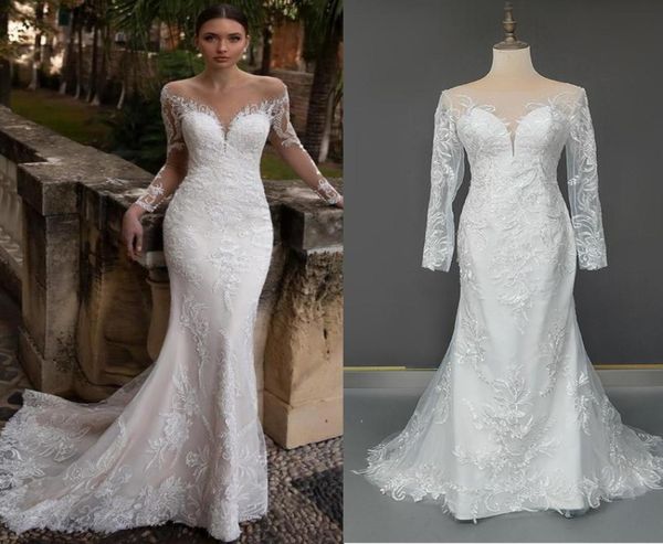 

charming mermaid wedding dresses lace applique off shoulder long illusion sleeves floor length bridal gowns custom made4834208, White