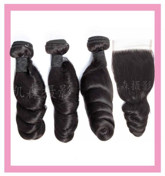 

brazilian virgin hair 3 bundles with 4x4 loose wave 4pieceslot hair extensions loose wave bundles with lace closure natural color7107099, Black;brown