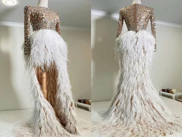 

2022 illusion evening dresses with sequins hi lo feather skirt prom gowns long sleeves second reception party formal dres5059366, Black;red