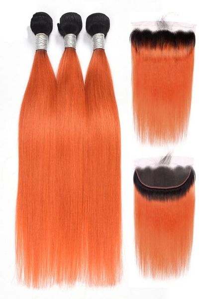 

brazilian virgin hair 3 bundles with 13x4 lace frontal with baby hair 1borange ombre straight hair wefts with 13 by 4 frontal fre4484579, Black;brown