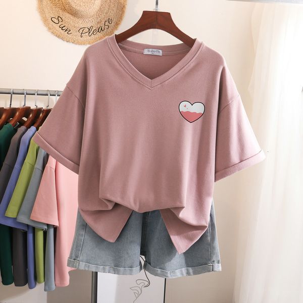 

women's plus size tshirt t shirt 100 cotton l6xl tshirt short sleeve women summer heart print v neck oversized shirts 230705, Black
