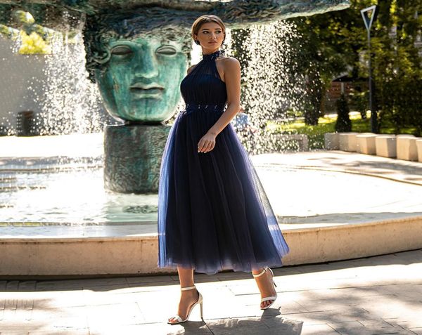 

vintage navy blue aline tealength evening dress halter neck sleeveless lace appliques prom formal gown arabic dubai customized r5072324, Black;red