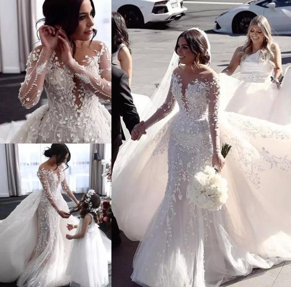 

2021 designer lace mermaid wedding dresses with detachable train sheer neck long sleeve bridal gowns 3d floral applique marriage g2096359, White