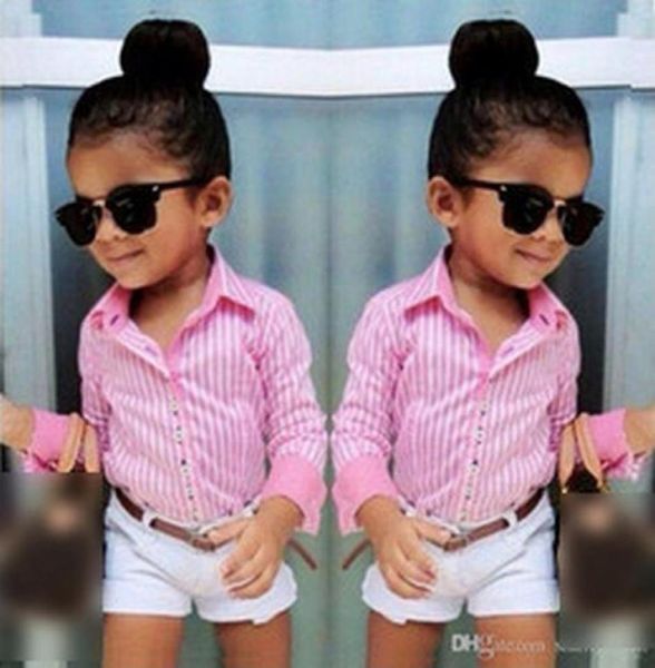

girls striped long sleeved shirt white shorts waist 3 childrens suit pink stripe fan 3 set kid3016188399
