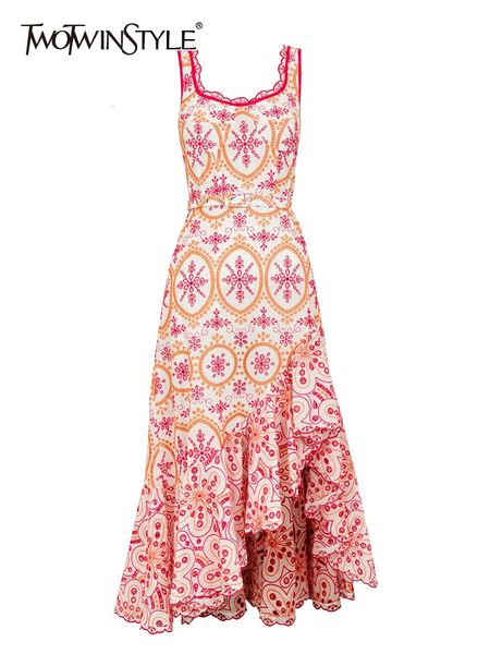 

basic casual dresses twotwinstyle slim embroidery for women square collar sleeveless high waist backless print dress female fashion 2023 230, Black;gray