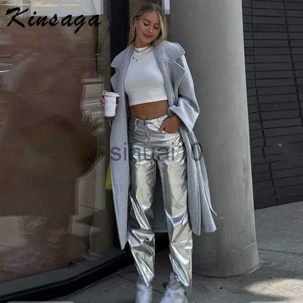 

women's pants capris fashion y2k metallic shiny pu pants women streetwear high waist baggy straight leg trousers casual pink green faux, Black;white