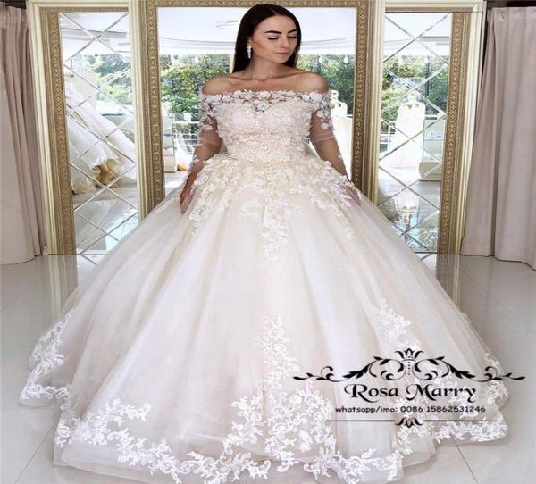 

princess lace ball gown wedding dresses 2019 off shoulder long sleeves 3d floral victorian princess vestido de novia bridal gowns3103566, White