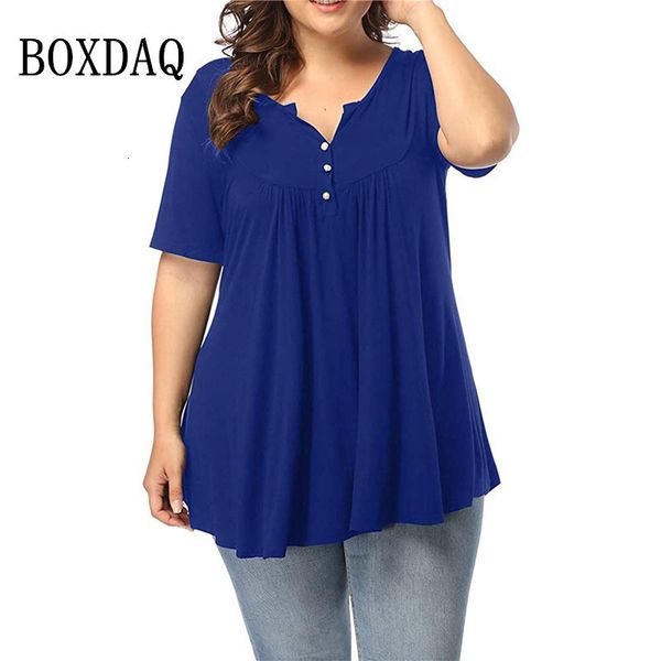 

women's plus size tshirt 5xl women short sleeve loose casual solid button pleated tunic large female pullover summer clothes 230705, Black