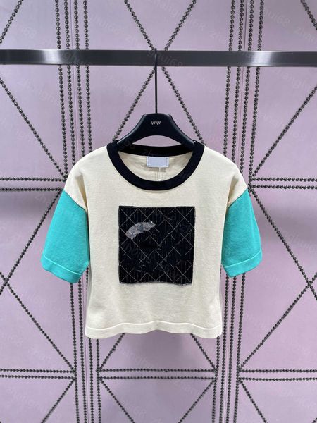 

23ss womens designer clothing womens knits heavy hand beaded silver double c sequins diamond check color short-sleeved sweater womens clothe, White