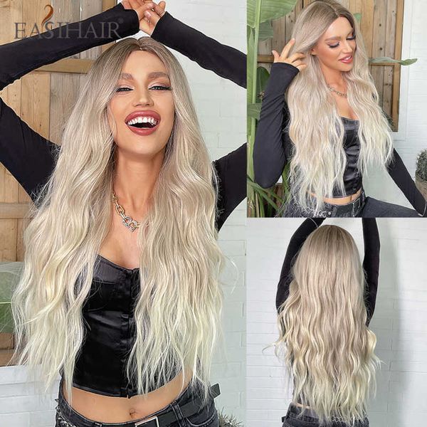 

synthetic wigs easihair long wavy blonde ombre synthetic wigs for women lace hairline silk soft hair wig cosplay heat resistant 230227, Black
