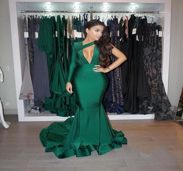 

2019 green evening dresses african style sweep train pleats deep vneck one shoulder mermaid prom party gowns vestido de fest6373818, Black;red