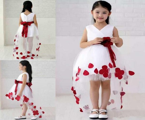 

red flower appliques girls pageant dress high low tulle a line short front long back little girls evening party gown kids prom dre6597432, White;red
